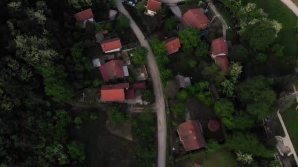 空中ドローン夕日の林に囲まれた東ヨーロッパ山村上のショット 夏の間に緑豊かな緑の木々 Uhd で撮影 — ストック動画