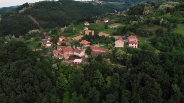 Aerial Drone Shot East European Mountain Village Surrounded Forest Sunset — Stock Video