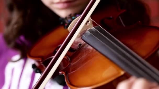 一个年轻女孩在教室里练习小提琴的近照 — 图库视频影像