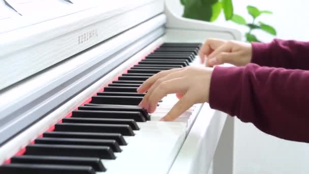 Giovane Ragazza Maglione Rosso Mani Che Suonano Pianoforte Legno Bianco — Video Stock