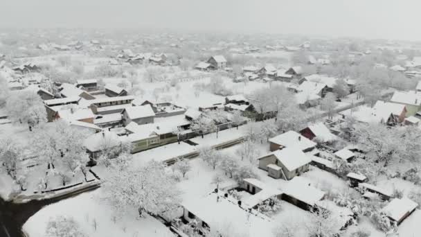 Drone Aerial Footage Village Covered Snow White Cloudy Winter Weather — Stock Video