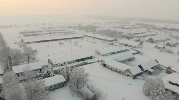 Drone Aerial Footage Village Plain Covered Snow White Cloudy Winter — Stock Video