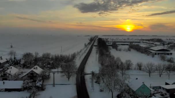 Drone Aerial Footage Village Plain Covered Snow White Cloudy Winter — Stock Video