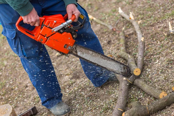 Viejo sosteniendo una motosierra naranja con sus propias manos y cortando una rama colocada en el suelo. motosierra naranja en acción . — Foto de Stock