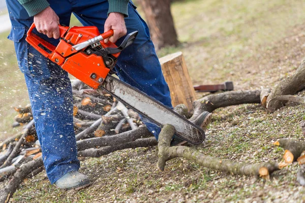 Old man holding orange chainsaw with his bare hands and cutting a branch placed on the ground. Orange chainsaw in action.