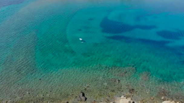 光の反射と岩の海岸の青い海面の航空写真 透明なターコイズブルーの海水面と海岸の岩のトップビュー — ストック動画