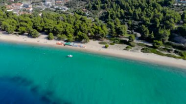 Ağaçlarla çevrili kumlu plajda mavi deniz yüzeyinin havadan drone görünümü. Şeffaf turkuaz okyanus su yüzeyi, deniz kıyısı, orman üst görünümü.