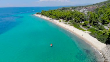 Ağaçlarla çevrili kumlu plajda mavi deniz yüzeyinin havadan drone görünümü. Şeffaf turkuaz okyanus su yüzeyi, deniz kıyısı, orman üst görünümü.