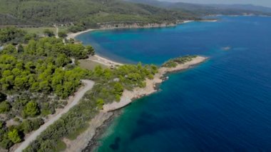 Ağaçlarla çevrili mavi deniz yüzeyinin havadan drone görünümü. Koyu mavi okyanus su yüzeyi, deniz kıyısı, orman, araba yolu üst görünümü.