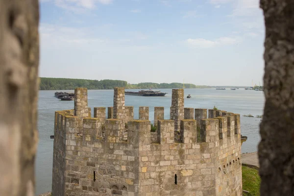 Fortaleza medieval em Smederevo, Sérvia, na costa do rio Danúbio com petroleiros no fundo — Fotografia de Stock