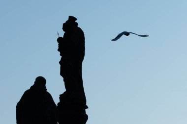 Prag'daki Charles Köprüsü'nde kuşların uçup uçtuğu heykelsilueti. 15. yüzyılda tamamlanan Ortaçağ Gotik köprüsü, Vltava Nehri'ni geçerek