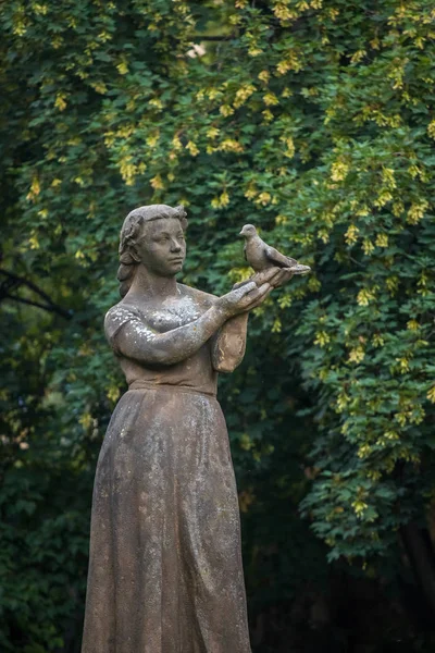 Public park stone statue Of Girl With A Pigeon. Prague, Czech republic — Stock Photo, Image
