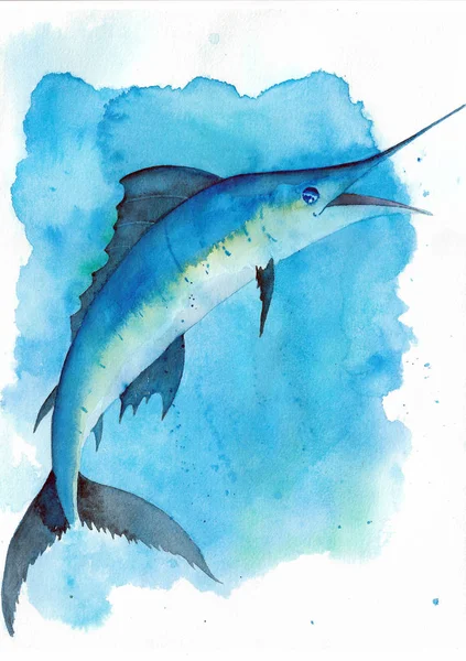 Vattenfärg Blå Marlin Fisk — Stockfoto