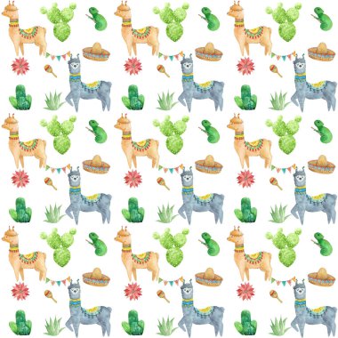 Suluboya alpaka ve kaktüs desen