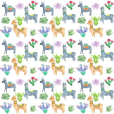Suluboya kaktüsler ve alpaka desen