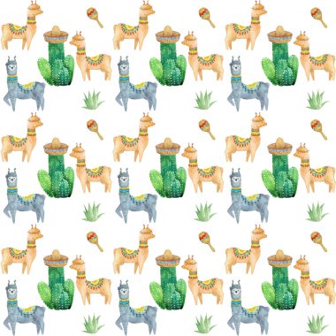 Suluboya alpaka ve kaktüsler desen