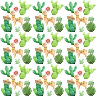 Suluboya kaktüsler ve alpaka desen