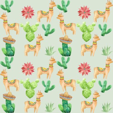 Suluboya Lama ve kaktüsler desen 