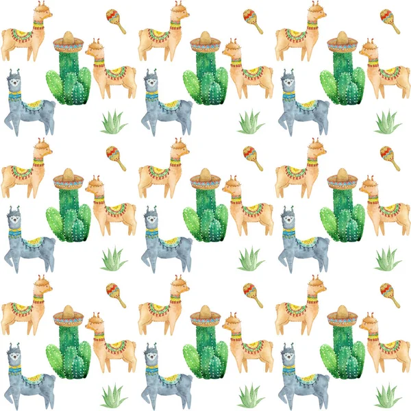 Suluboya alpaka ve kaktüsler desen