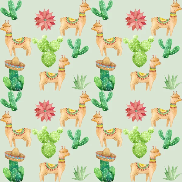 Watercolor Llama Cacti Pattern Stock Image