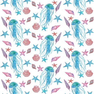 Denizanası ve deniz kabukları ile suluboya desen