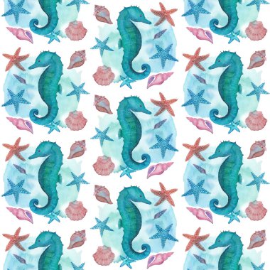 Deniz atı ve deniz kabukları ile suluboya desen