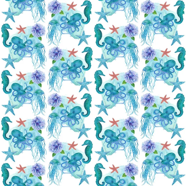 Watercolor Pattern Seahorse Octopus Jellyfish — Stock Photo, Image