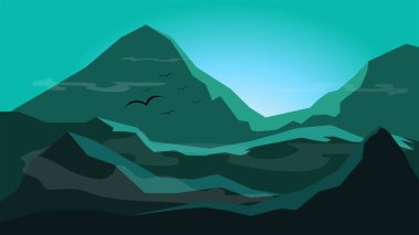 gündoğumu sis ile; dağ arasında siluet düz arka plan tasarım monoton; macera tatil