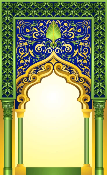 优雅的翡翠和金色与高详细的花卉饰品的伊斯兰拱门设计 — 图库矢量图片#