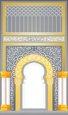 Gümüş ve altın renginde çiçek ve geometrik desen tasarımı ile İslami kemer cephe