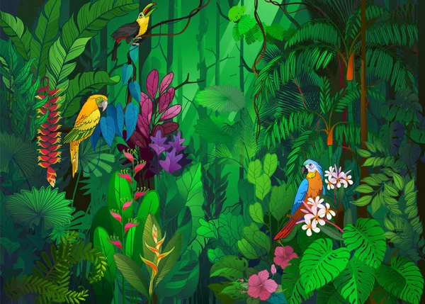 Tropikal Yağmur Ormanı Renkli Kuşların Çiçeklerin Illüstrasyonda Egzotik Bitkilerin Bulunduğu — Stok Vektör