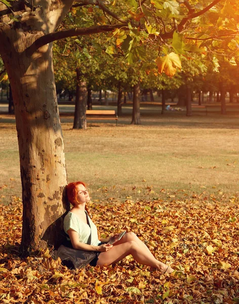 Frau sitzt unter Baum im Park — Stockfoto