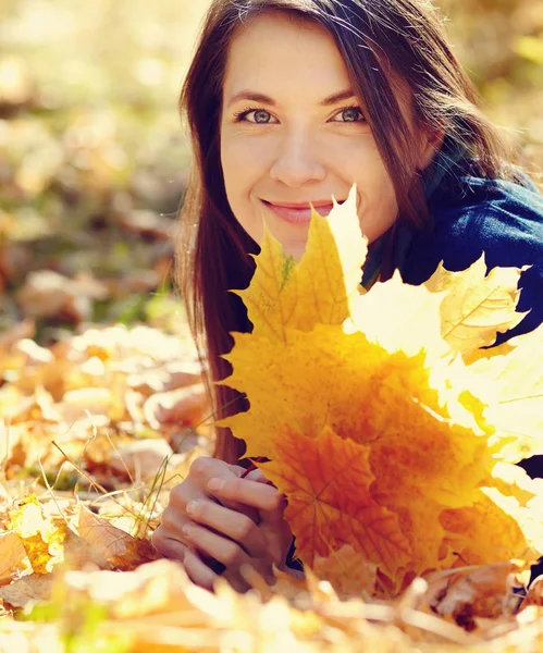 Mulher com folhas de bordo amarelas no outono Fotografia De Stock