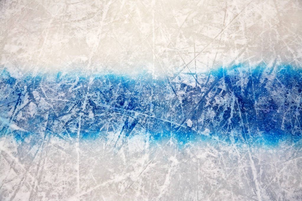 Hockey blue line on ice skating rink. winter sport background