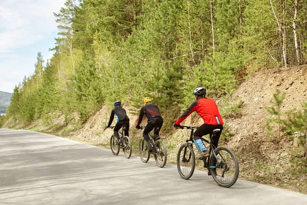 Radfahrergruppe auf einem Waldweg — Stockfoto
