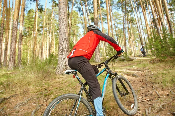 Ciclista montando una bicicleta de montaña a lo largo del camino forestal — Foto de Stock
