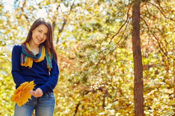 Frau mit gelben Ahornblättern im Herbst — Stockfoto