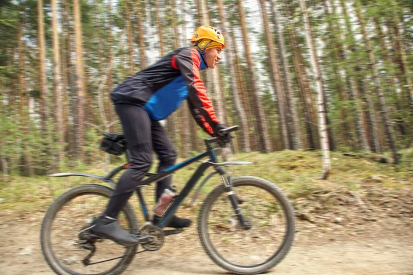 Radfahrer mit Mountainbike auf der Forststraße unterwegs. — Stockfoto