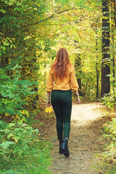 Piękna ruda kobieta na spacer w jesiennym lesie. — Zdjęcie stockowe