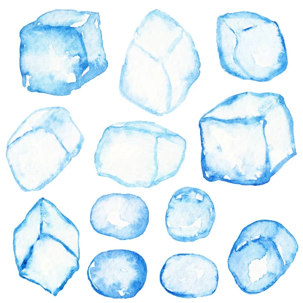 Cubos Hielo Cristal Azul Aislados Ilustración Dibujada Mano Libre Acuarela —  Fotos de Stock