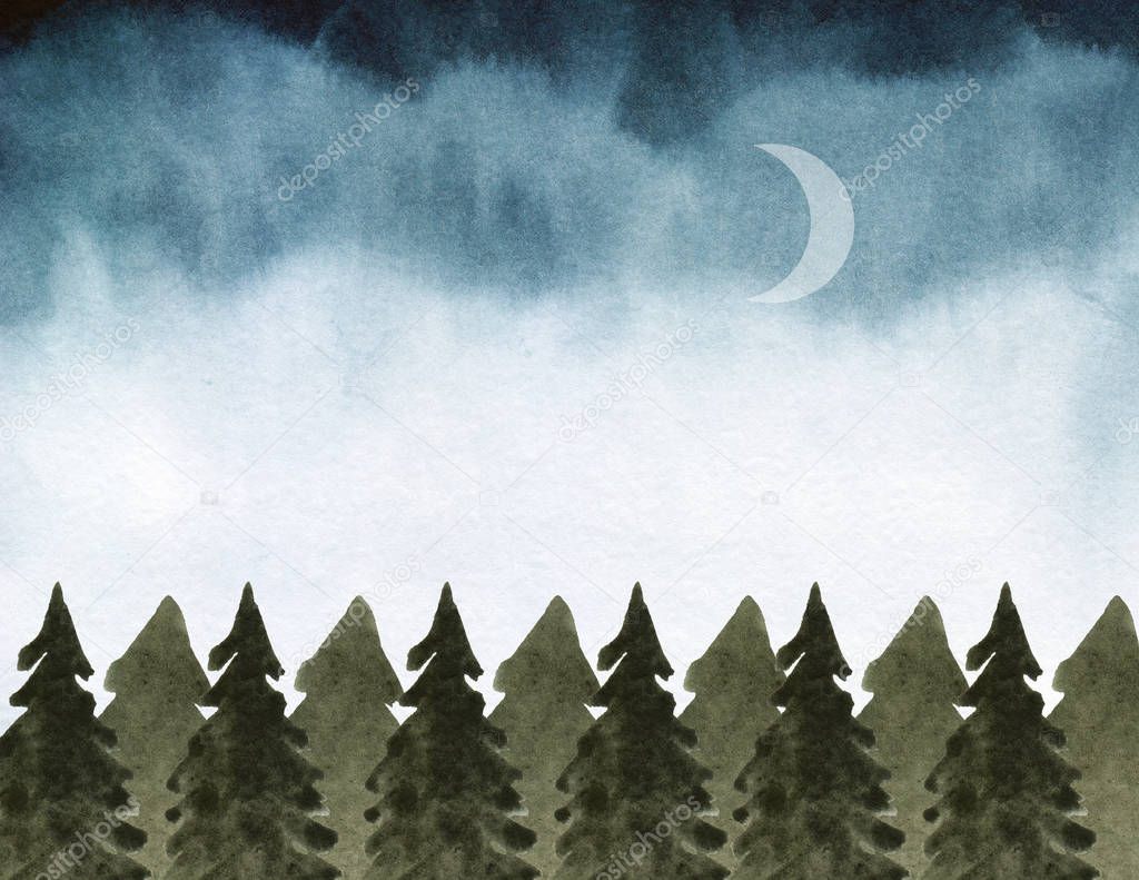 Watercolor night mood landscape with fir trees, abstract nature background, forest template, hand drawn illustration