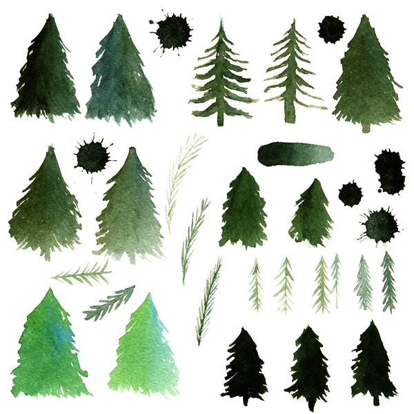 Vrije Hand Tekenen Van Fir Tree Abstract Silhouetten Groene Aquarel — Stockfoto