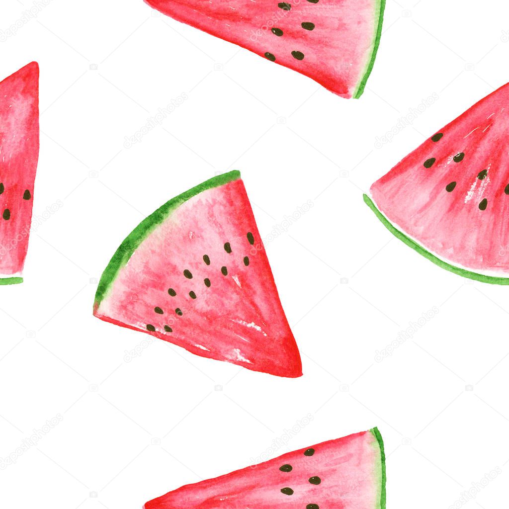 Watermelon slices seamless pattern. Abstract watercolor hand drawn illustration for wrapping, background, textile
