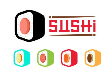 Suşi logo tasarımı. Japon deniz ürünleri Restoran yiyecek. Set suşi.
