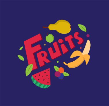 Düz stil içinde meyve. Muz, armut, karpuz, elma. Sağlıklı gıda