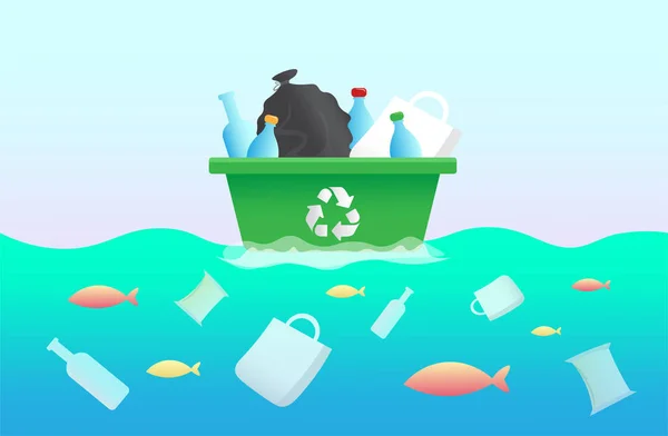 (Çanta, şişe) plastik çöp Okyanusu. Çevre tasarım plastik çöp balıklar. Okyanus plastik kirliliği vektör çizim durdurmak.