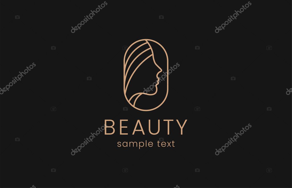 Beauty woman fashion logo. Golden Abstract vector template linear style on a black background