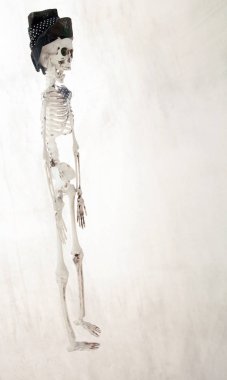 İskelet şapka ve papyon metin için yer beyaz zemin üzerine ateş.