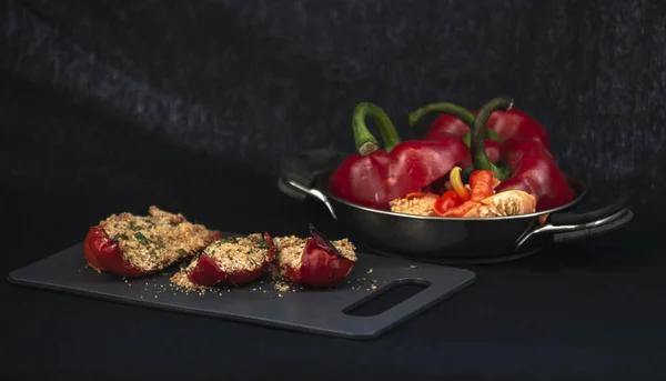 Red Peppers Grilled Oven Dark Background Studio — Stock Photo, Image