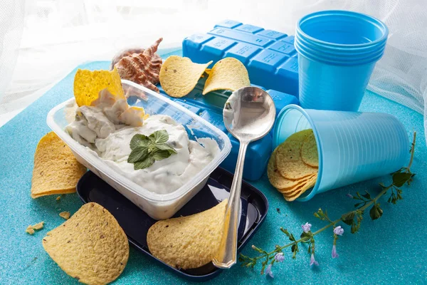 Comida Chatarra Industrial Día Caluroso Verano Tzatziki Tortillas Fritas — Foto de Stock